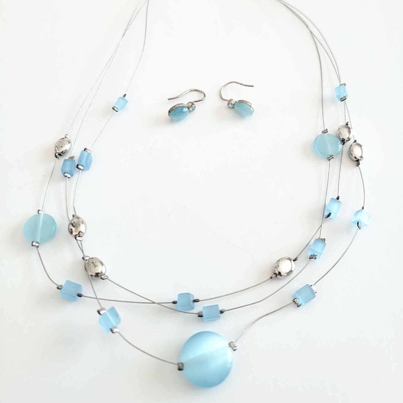 LIA SOPHIA Aqua Blue Geometric Beades Wire Necklace & Gemstone Earrings Set - Picture 1 of 4